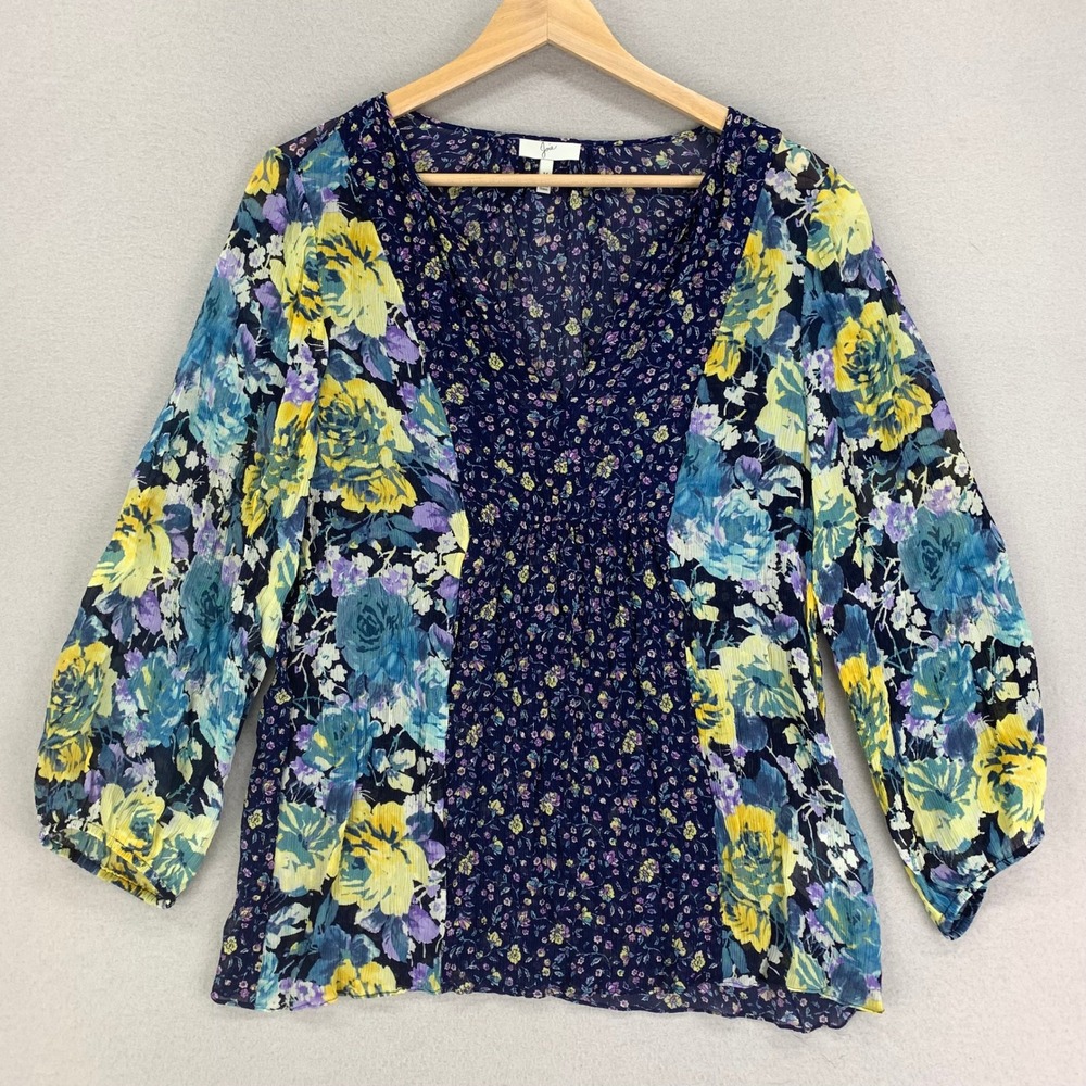 Joie Blouse Shirt Womens M Blue Floral 100% Silk Long Sleeve V-Neck